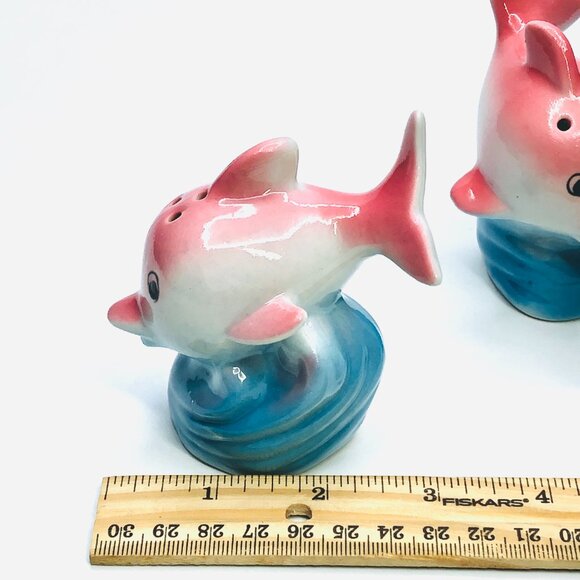 Vintage 60s Pink Dolphin Salt Pepper Shakers: Mid-Century Kitsch Tropical Pastel - Picture 9 of 10